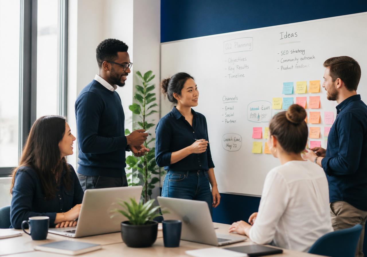 A small business team collaborating in a workshop around a whiteboard and laptops